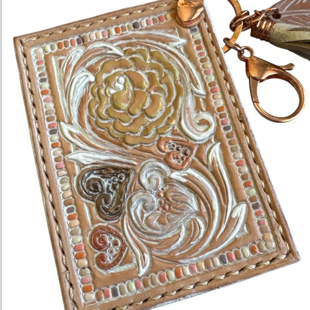 Artisan Handmade Western Southwest Leather Card Holder Floral Heart Wallet